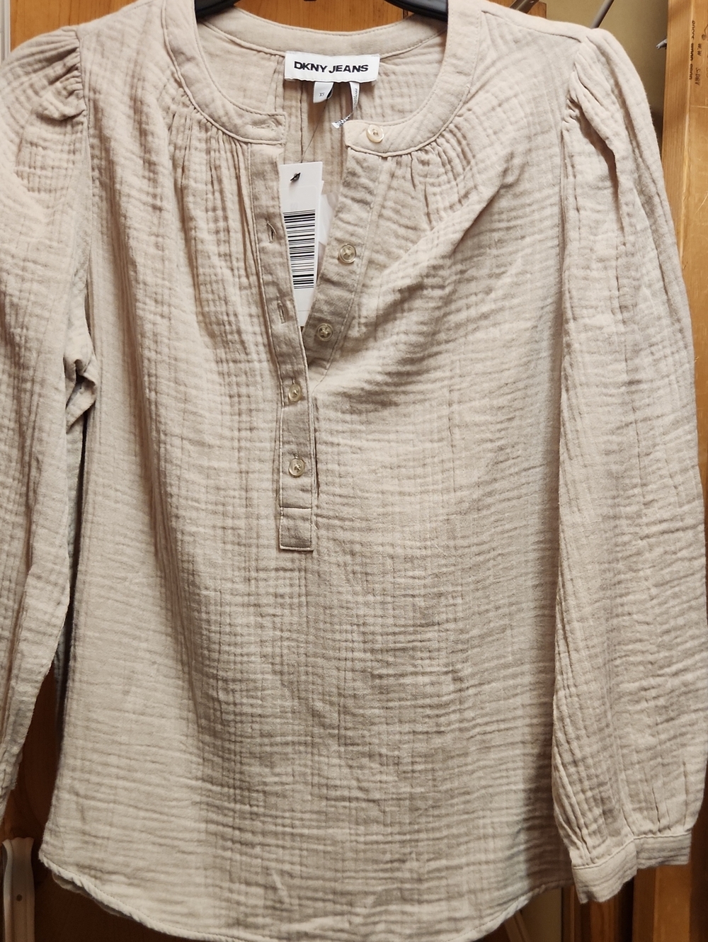 DKNY Neutral Cream Textured Button-Front Henley Top